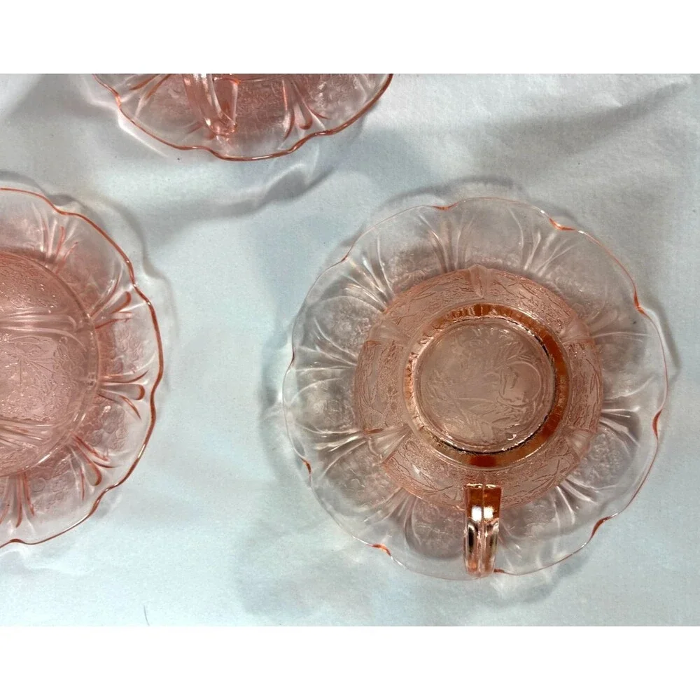 Jeannette Pink Cherry Blossom Depression Glass Cups Saucers 10 Pc Set VTG